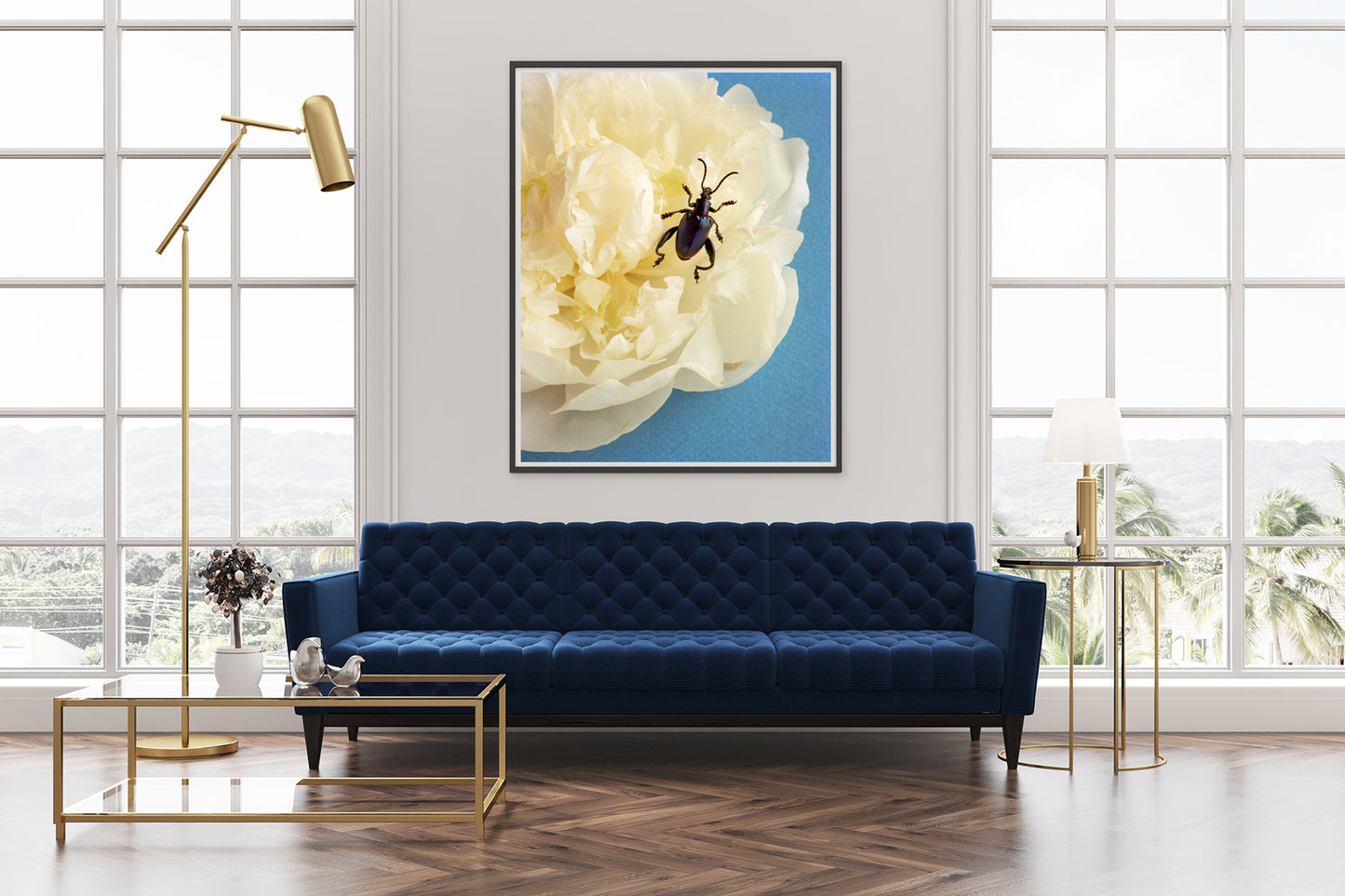 Blue Beetle on White Peony