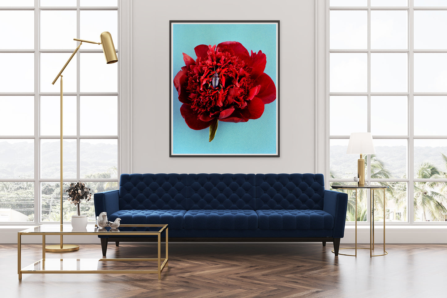 Blue Beetle on Red Peony