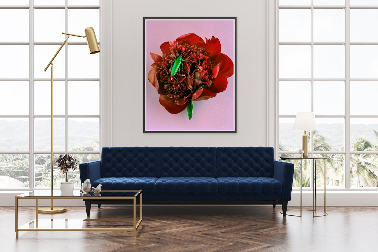 Green Beetle on Red Peony
